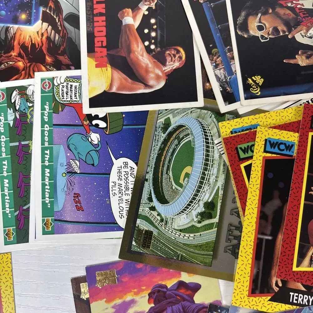 Lot 90s Trading cards 200+ Looney Tunes Marvel WCW WWF Olympics Batman Hot Wheel